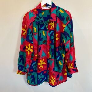 Vintage Claus Woman Button Down Top Colorful Abstract Block Style Womens 20 W